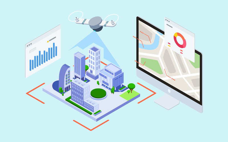 Download Иллюстрация "IOT Drone Survey And Map Isometric 3 - TU - Illustration" / IOT Drone Survey And Map Isometric 3 - TU - Illustration - Иллюстрация на тему графика isometric illustration blockchain platform finance report chart analysis growth device laptop bussiness strategy people design.