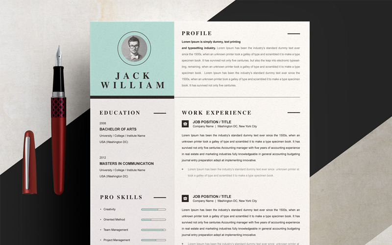 Download Резюме "Jack Resume Template" / Jack Resume Template - Резюме на тему графика 1 page resume 2 clean cv cover letter design template illustrator eps mac pages microsoft word modern photoshop psd professional