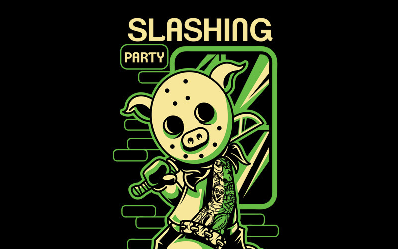 Download T-shirt Design "Slashing Party 2 - T-shirt Design" / Slashing Party 2 - T-shirt Design - T-shirt Design на тему графика illustration t-shirt design artwork apparel merch cartoon events fashion green pig tattoo dark horror festival halloween comic