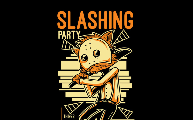 Download T-shirt Design "Slashing Party 4 - T-shirt Design" / Slashing Party 4 - T-shirt Design - T-shirt Design на тему графика illustration t-shirt design artwork apparel merch cartoon events fashion orange mask knife fun creepy serial dope cute halloween