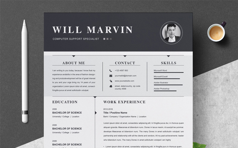Download Резюме "Will Marvin Resume Template" / Will Marvin Resume Template - Резюме на тему графика 1 page resume 2 clean cv cover letter design template illustrator eps mac pages microsoft word modern photoshop psd professional