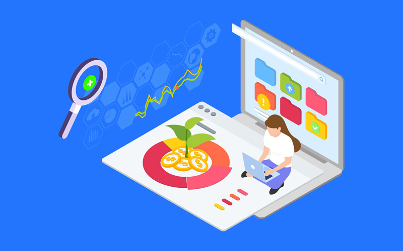 Download Иллюстрация "Diversify Investment 3 - Illustration" / Diversify Investment 3 - Illustration - Иллюстрация на тему графика isometric illustration blockchain platform finance report chart analysis growth device laptop bussiness strategy people design.