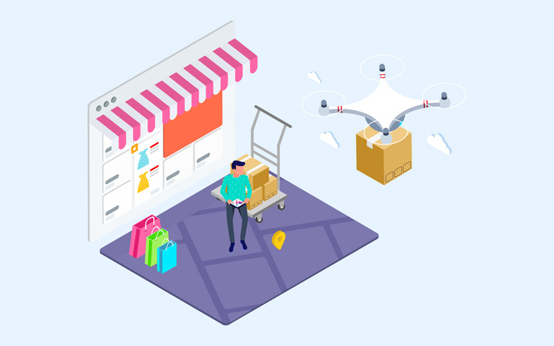 Download Иллюстрация "Drones Delivery Isometric 9 - T2 - Illustration" / Drones Delivery Isometric 9 - T2 - Illustration - Иллюстрация на тему графика isometric illustration blockchain platform finance report chart analysis growth device laptop bussiness strategy people design.