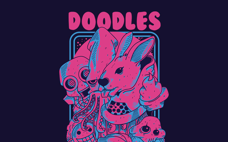 Download T-shirt Design "Doodles - T-shirt Design" / Doodles - T-shirt Design - T-shirt Design на тему графика illustration t-shirt design artwork apparel merch cartoon events fashion doodle animal cute pattern blue pink synthwave funny