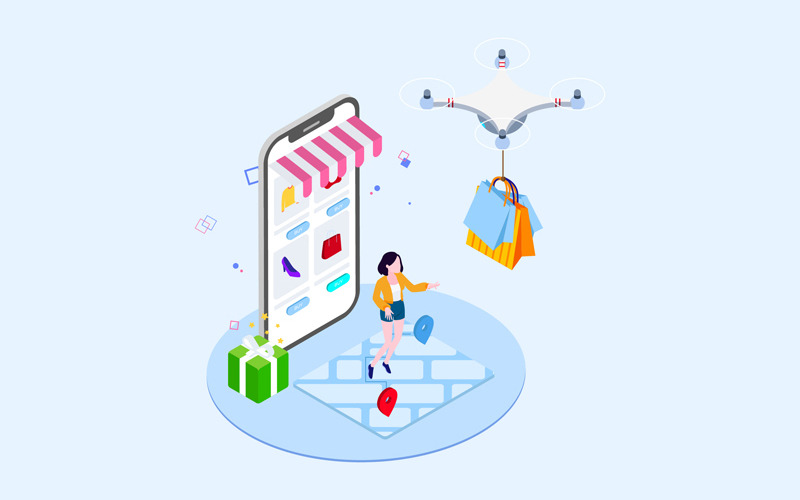 Download Иллюстрация "Drones Delivery Isometric 2 - T2 - Illustration" / Drones Delivery Isometric 2 - T2 - Illustration - Иллюстрация на тему графика isometric illustration blockchain platform finance report chart analysis growth device laptop bussiness strategy people design.