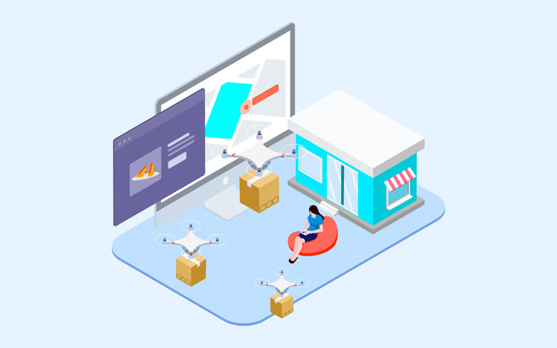 Download Иллюстрация "Drones Delivery Isometric 3 - T2 - Illustration" / Drones Delivery Isometric 3 - T2 - Illustration - Иллюстрация на тему графика isometric illustration blockchain platform finance report chart analysis growth device laptop bussiness strategy people design.