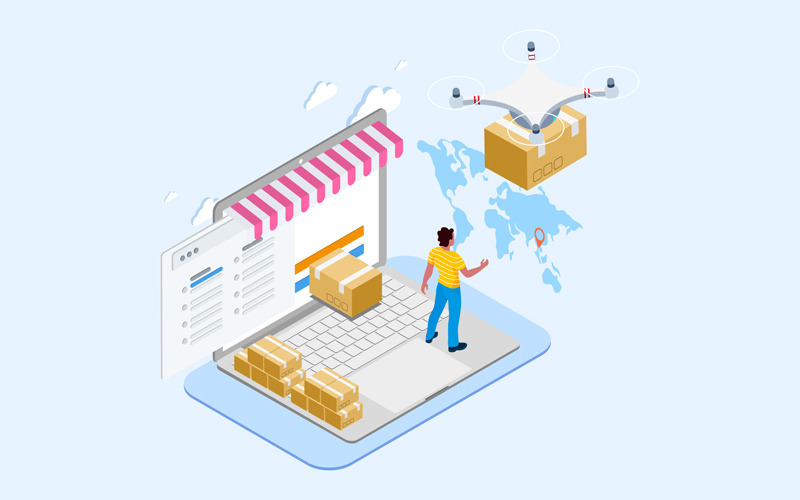 Download Иллюстрация "Drones Delivery Isometric 5 - T2 - Illustration" / Drones Delivery Isometric 5 - T2 - Illustration - Иллюстрация на тему графика isometric illustration blockchain platform finance report chart analysis growth device laptop bussiness strategy people design.