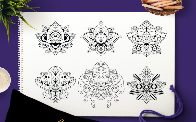 Download Иллюстрация "Geometric Lotuses Set - Illustration" / Geometric Lotuses Set - Illustration - Иллюстрация на тему графика set lotus flower ornament mandala geometric indian tattoo sacred outline mehendi decoration ethnic yoga decorative folk meditation symbol psychedelic blossom