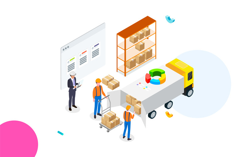 Download Иллюстрация "Goods management 2 - Illustration" / Goods management 2 - Illustration - Иллюстрация на тему графика isometric illustration blockchain platform finance report chart analysis growth device laptop bussiness strategy people design.