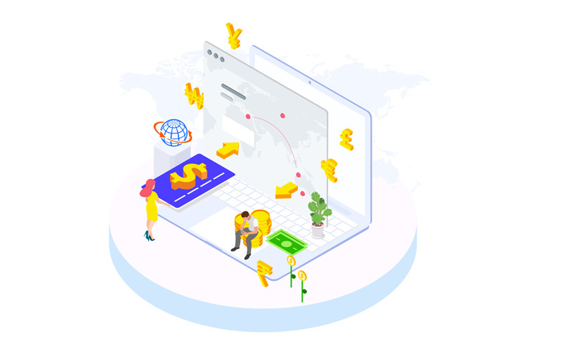 Download Иллюстрация "International Payments 1 - Illustration" / International Payments 1 - Illustration - Иллюстрация на тему графика isometric illustration blockchain platform finance report chart analysis growth device laptop bussiness strategy people design.