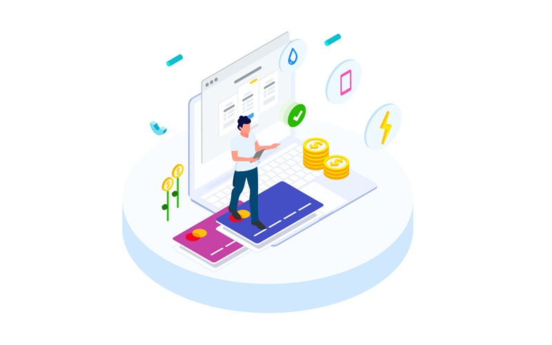 Download Иллюстрация "Pay money 1 - Illustration" / Pay money 1 - Illustration - Иллюстрация на тему графика isometric illustration blockchain platform finance report chart analysis growth device laptop bussiness strategy people design.