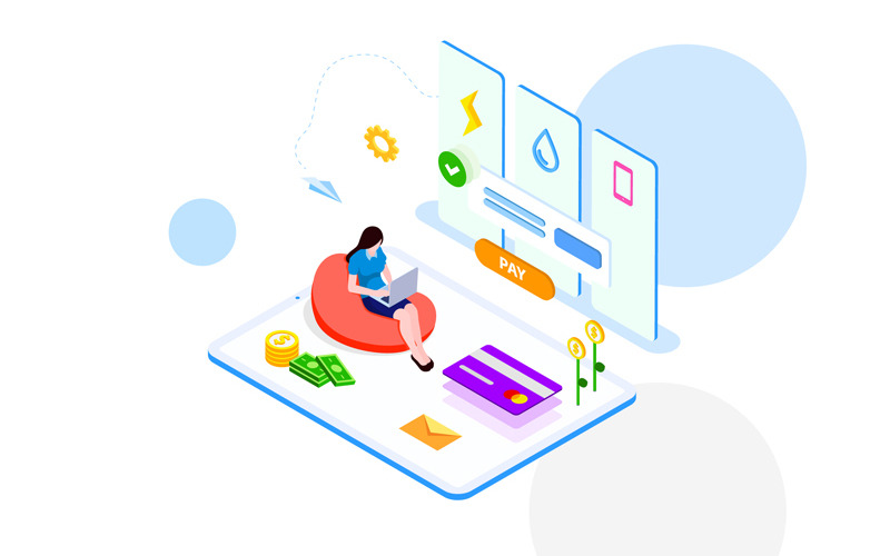 Download Иллюстрация "Pay money 2 - Illustration" / Pay money 2 - Illustration - Иллюстрация на тему графика isometric illustration blockchain platform finance report chart analysis growth device laptop bussiness strategy people design.