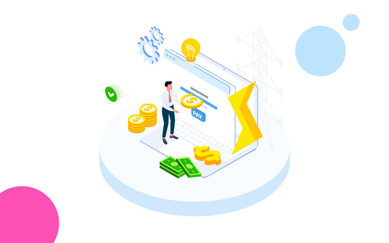 Download Иллюстрация "Pay money 3 - Illustration" / Pay money 3 - Illustration - Иллюстрация на тему графика isometric illustration blockchain platform finance report chart analysis growth device laptop bussiness strategy people design.