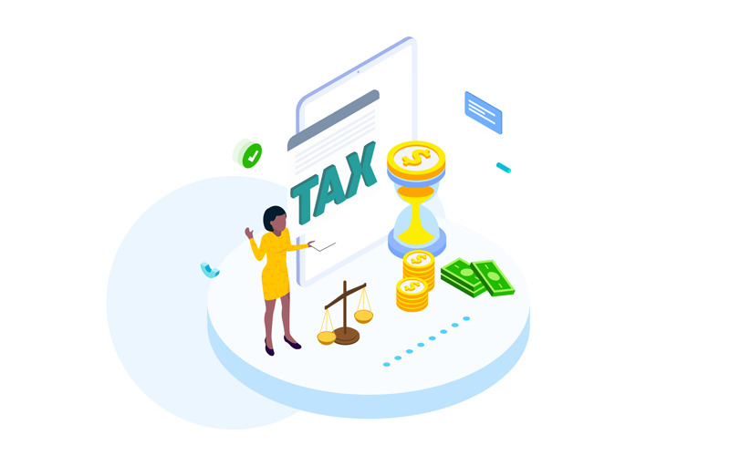 Download Иллюстрация "Pay tax 3 - Illustration" / Pay tax 3 - Illustration - Иллюстрация на тему графика isometric illustration blockchain platform finance report chart analysis growth device laptop bussiness strategy people design.