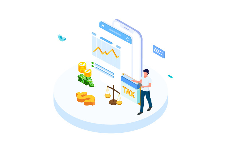 Download Иллюстрация "Pay tax 4 - Illustration" / Pay tax 4 - Illustration - Иллюстрация на тему графика isometric illustration blockchain platform finance report chart analysis growth device laptop bussiness strategy people design.