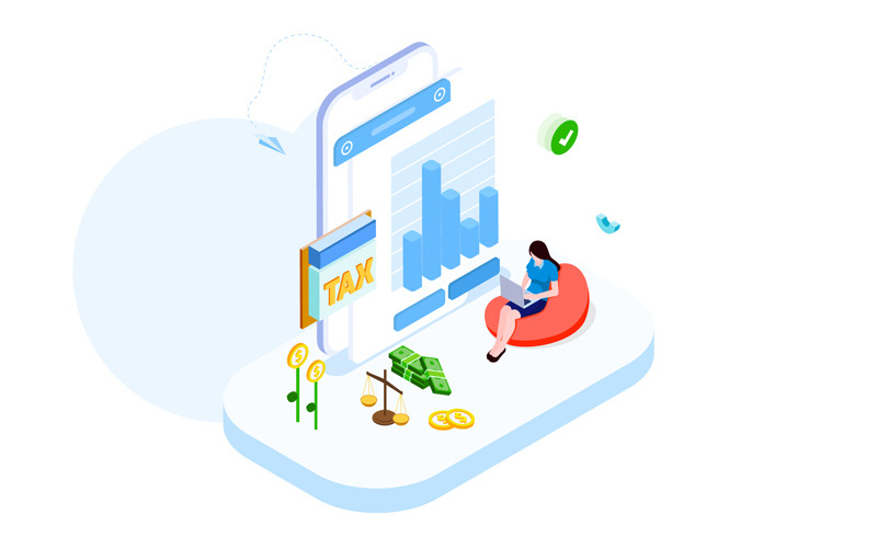 Download Иллюстрация "Pay tax 5 - Illustration" / Pay tax 5 - Illustration - Иллюстрация на тему графика isometric illustration blockchain platform finance report chart analysis growth device laptop bussiness strategy people design.
