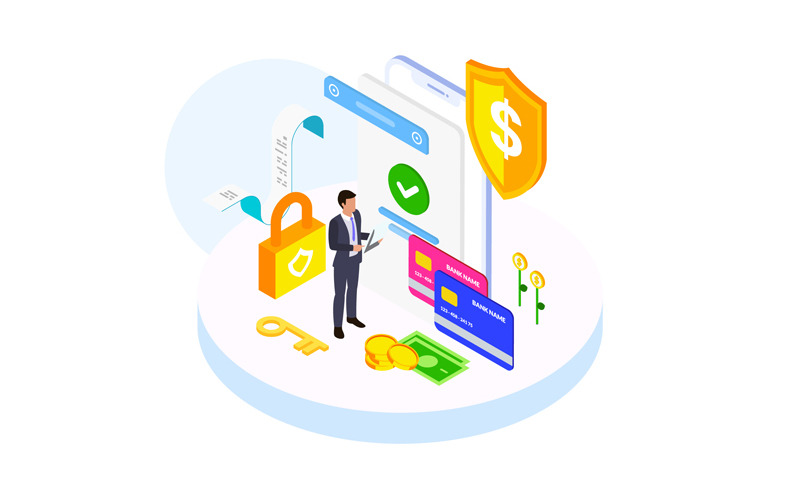 Download Иллюстрация "Payment security 2 - Illustration" / Payment security 2 - Illustration - Иллюстрация на тему графика isometric illustration blockchain platform finance report chart analysis growth device laptop bussiness strategy people design.