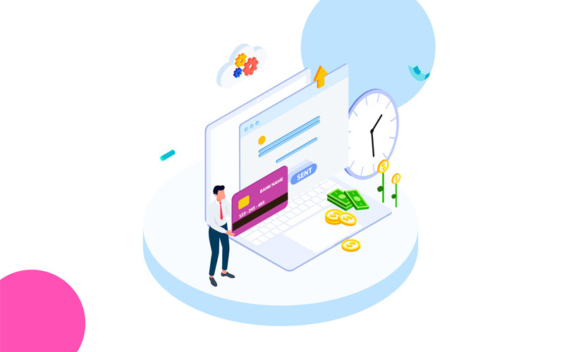 Download Иллюстрация "Quick money transfer 1 - Illustration" / Quick money transfer 1 - Illustration - Иллюстрация на тему графика isometric illustration blockchain platform finance report chart analysis growth device laptop bussiness strategy people design.