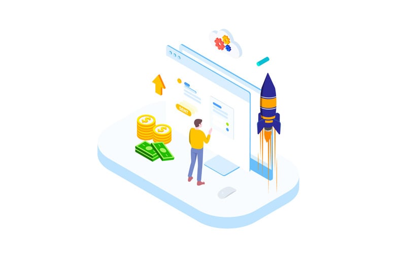 Download Иллюстрация "Quick money transfer 3 - Illustration" / Quick money transfer 3 - Illustration - Иллюстрация на тему графика isometric illustration blockchain platform finance report chart analysis growth device laptop bussiness strategy people design.