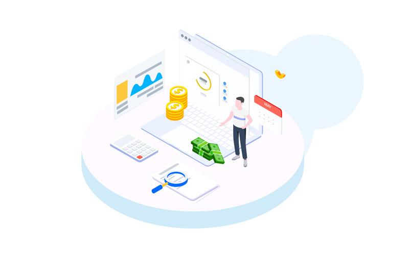 Download Иллюстрация "Tracking cost 1 - Illustration" / Tracking cost 1 - Illustration - Иллюстрация на тему графика isometric illustration blockchain platform finance report chart analysis growth device laptop bussiness strategy people design.