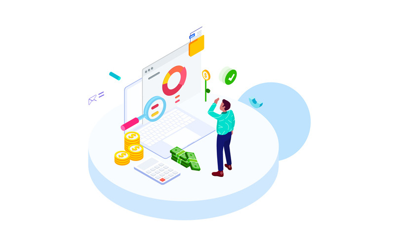 Download Иллюстрация "Tracking cost 2 - Illustration" / Tracking cost 2 - Illustration - Иллюстрация на тему графика isometric illustration blockchain platform finance report chart analysis growth device laptop bussiness strategy people design.