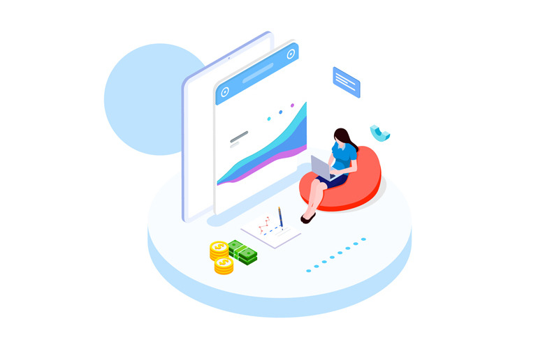 Download Иллюстрация "Tracking cost 3 - Illustration" / Tracking cost 3 - Illustration - Иллюстрация на тему графика isometric illustration blockchain platform finance report chart analysis growth device laptop bussiness strategy people design.