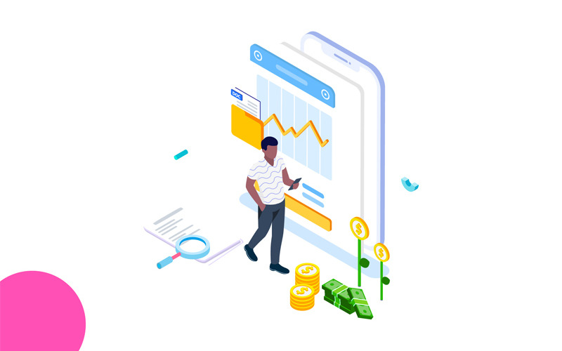 Download Иллюстрация "Tracking cost 4 - Illustration" / Tracking cost 4 - Illustration - Иллюстрация на тему графика isometric illustration blockchain platform finance report chart analysis growth device laptop bussiness strategy people design.