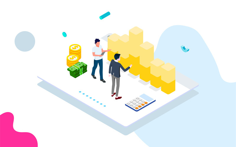 Download Иллюстрация "Tracking cost 5 - Illustration" / Tracking cost 5 - Illustration - Иллюстрация на тему графика isometric illustration blockchain platform finance report chart analysis growth device laptop bussiness strategy people design.