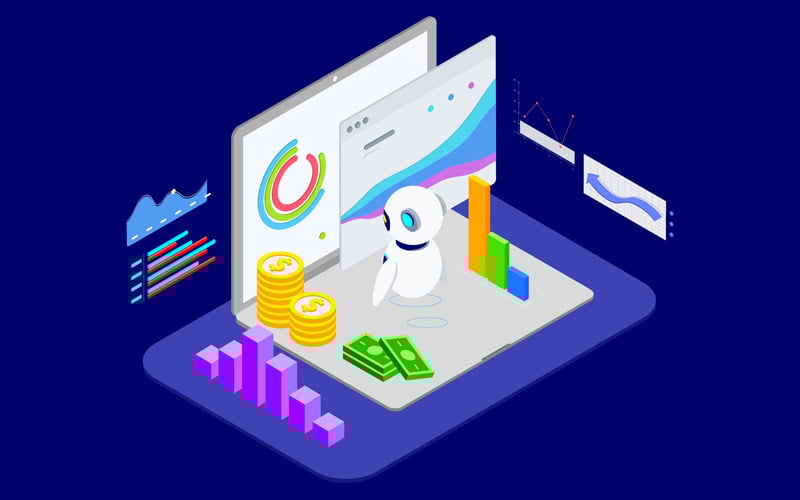 Download Иллюстрация "Analysis in Financial with AI Isometric 2 - T2 - Illustration" / Analysis in Financial with AI Isometric 2 - T2 - Illustration - Иллюстрация на тему графика isometric illustration blockchain platform finance report chart analysis growth device laptop bussiness strategy people design.