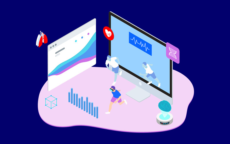 Download Иллюстрация "ARVR Exercise And Sport 4 - Illustration" / ARVR Exercise And Sport 4 - Illustration - Иллюстрация на тему графика isometric illustration blockchain platform finance report chart analysis growth device laptop bussiness strategy people design.