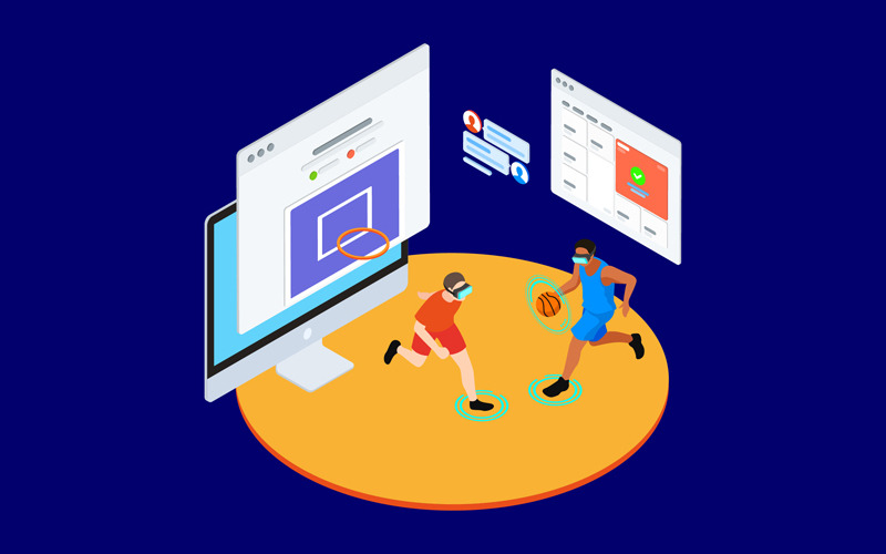 Download Иллюстрация "ARVR Game 1 - Illustration" / ARVR Game 1 - Illustration - Иллюстрация на тему графика isometric illustration blockchain platform finance report chart analysis growth device laptop bussiness strategy people design.