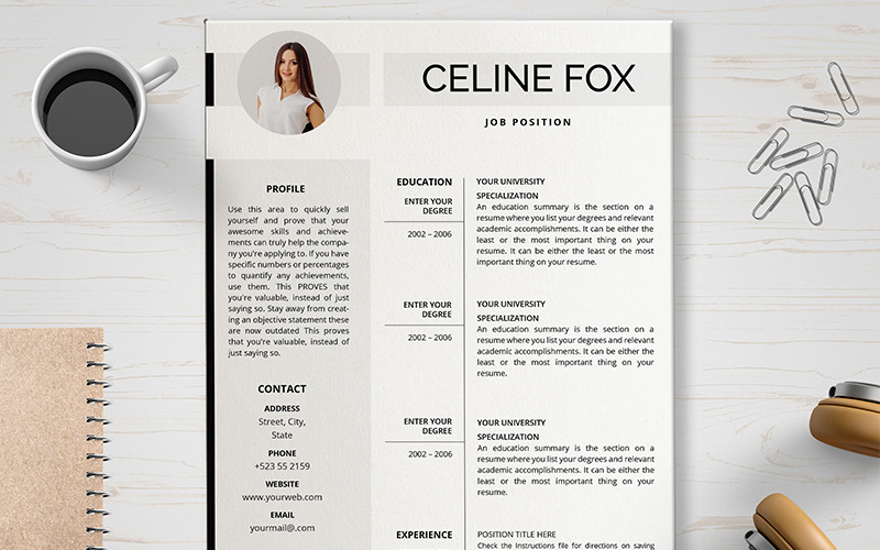 Download Резюме "Celine CV Resume Template" / Celine CV Resume Template - Резюме на тему графика layout,a4,resume,clean,cv,cover,creative,curriculum,vitae,design,template,employment,modern,professional,simple,student,portfolio,career,templates,editable