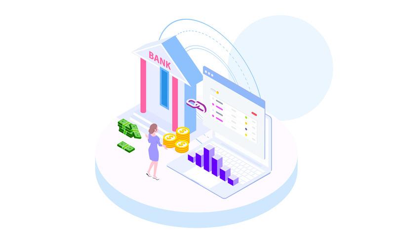 Download Иллюстрация "Connect with bank 1 - Illustration" / Connect with bank 1 - Illustration - Иллюстрация на тему графика isometric illustration blockchain platform finance report chart analysis growth device laptop bussiness strategy people design.