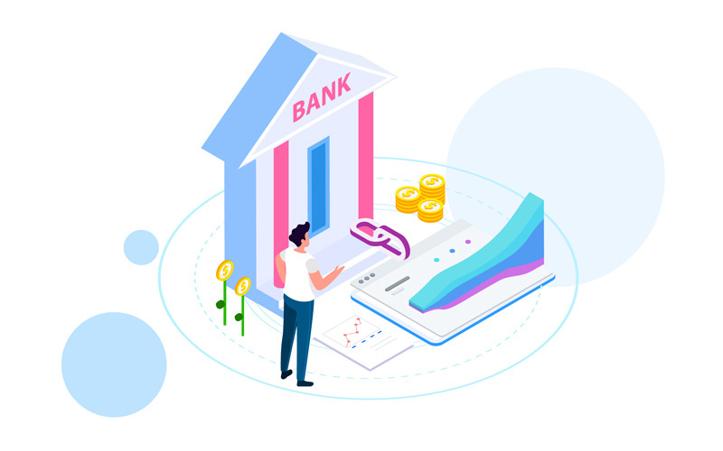 Download Иллюстрация "Connect with bank 2 - Illustration" / Connect with bank 2 - Illustration - Иллюстрация на тему графика isometric illustration blockchain platform finance report chart analysis growth device laptop bussiness strategy people design.