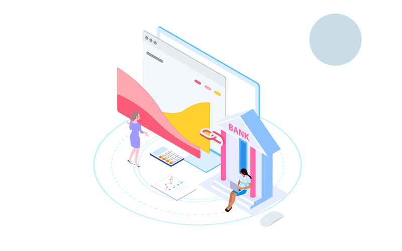 Download Иллюстрация "Connect with bank 3 - Illustration" / Connect with bank 3 - Illustration - Иллюстрация на тему графика isometric illustration blockchain platform finance report chart analysis growth device laptop bussiness strategy people design.