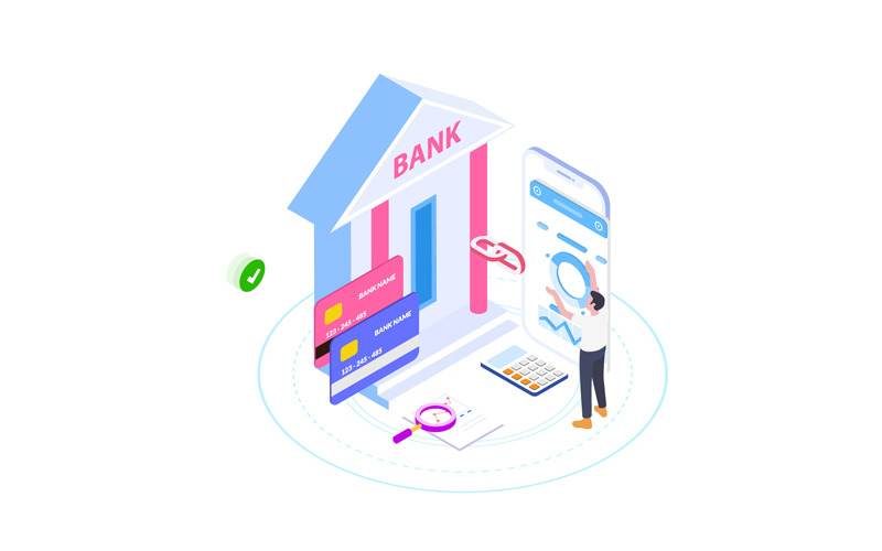 Download Иллюстрация "Connect with bank 4 - Illustration" / Connect with bank 4 - Illustration - Иллюстрация на тему графика isometric illustration blockchain platform finance report chart analysis growth device laptop bussiness strategy people design.