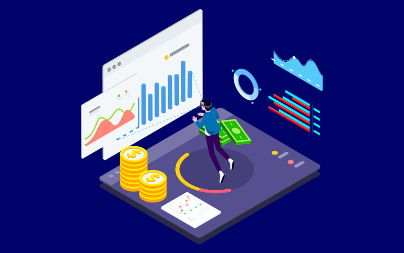 Download Иллюстрация "Data Analysisc with AR VR Isometric 2 - T2 - Illustration" / Data Analysisc with AR VR Isometric 2 - T2 - Illustration - Иллюстрация на тему графика isometric illustration blockchain platform finance report chart analysis growth device laptop bussiness strategy people design.