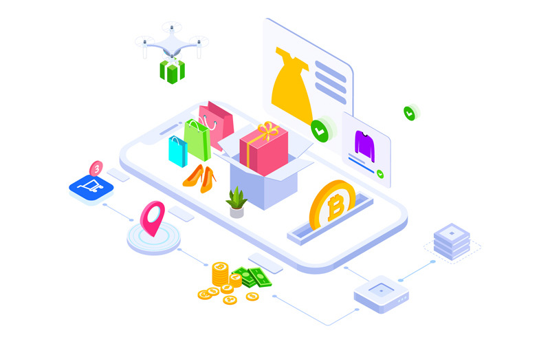 Download Иллюстрация "E-commerce 1 - Illustration" / E-commerce 1 - Illustration - Иллюстрация на тему графика isometric illustration blockchain platform finance report chart analysis growth device laptop bussiness strategy people design.