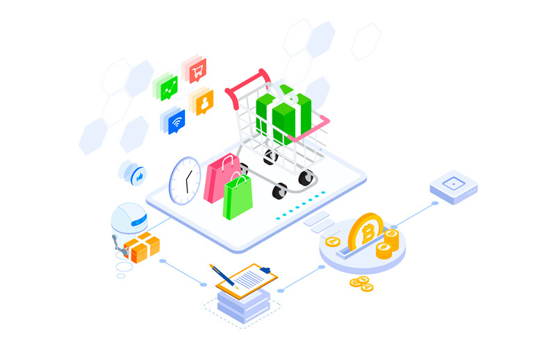 Download Иллюстрация "E-commerce 2 - Illustration" / E-commerce 2 - Illustration - Иллюстрация на тему графика isometric illustration blockchain platform finance report chart analysis growth device laptop bussiness strategy people design.