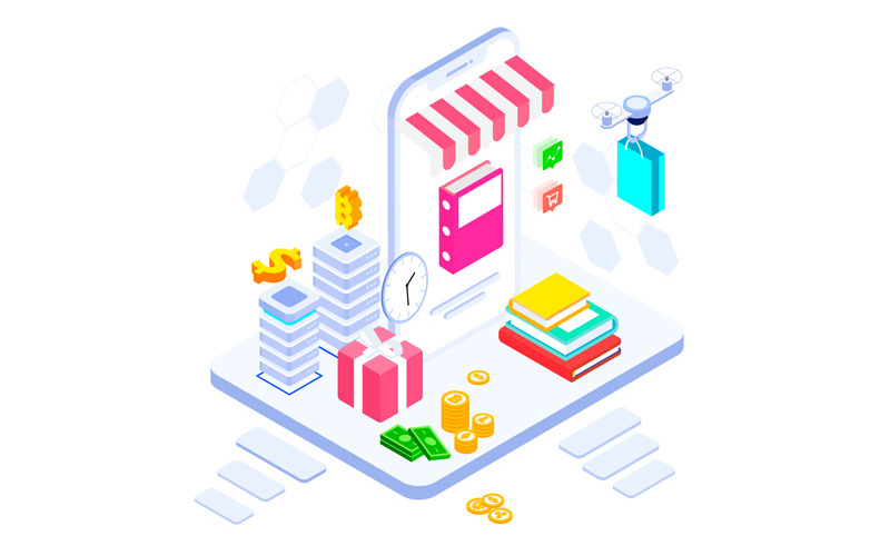 Download Иллюстрация "E-commerce 3 - Illustration" / E-commerce 3 - Illustration - Иллюстрация на тему графика isometric illustration blockchain platform finance report chart analysis growth device laptop bussiness strategy people design.