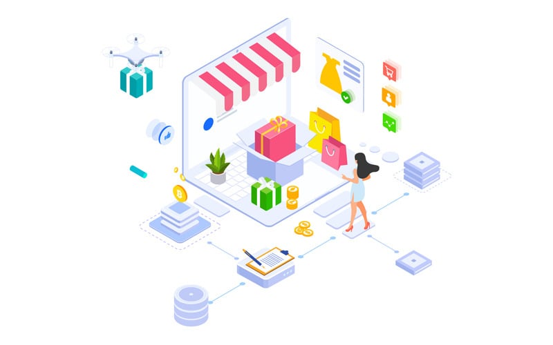 Download Иллюстрация "E-commerce 4 - Illustration" / E-commerce 4 - Illustration - Иллюстрация на тему графика isometric illustration blockchain platform finance report chart analysis growth device laptop bussiness strategy people design.