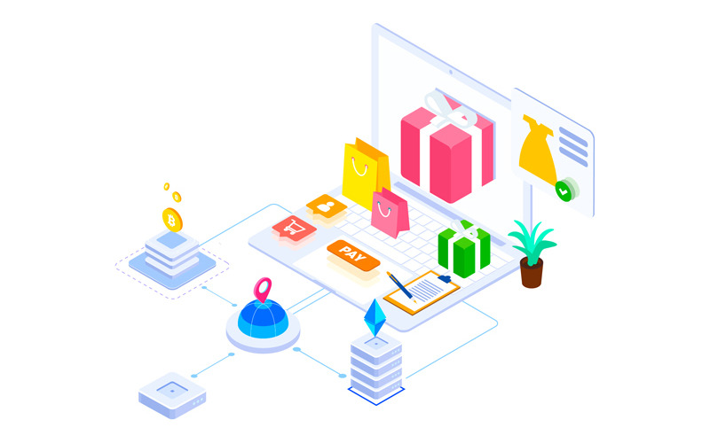Download Иллюстрация "E-commerce 5 - Illustration" / E-commerce 5 - Illustration - Иллюстрация на тему графика isometric illustration blockchain platform finance report chart analysis growth device laptop bussiness strategy people design.