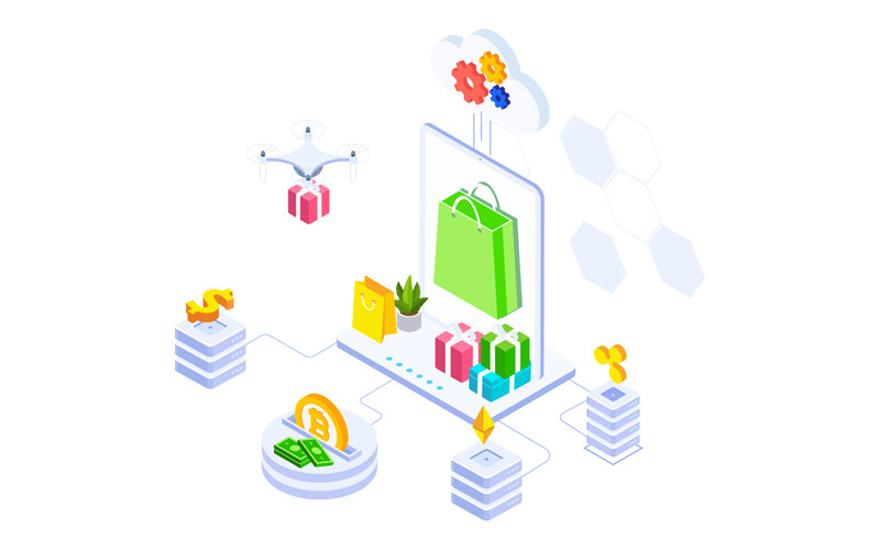 Download Иллюстрация "E-commerce 6 - Illustration" / E-commerce 6 - Illustration - Иллюстрация на тему графика isometric illustration blockchain platform finance report chart analysis growth device laptop bussiness strategy people design.
