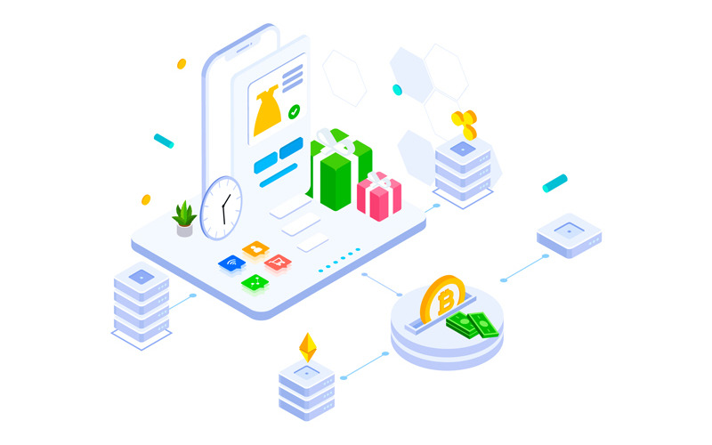 Download Иллюстрация "E-commerce 7 - Illustration" / E-commerce 7 - Illustration - Иллюстрация на тему графика isometric illustration blockchain platform finance report chart analysis growth device laptop bussiness strategy people design.