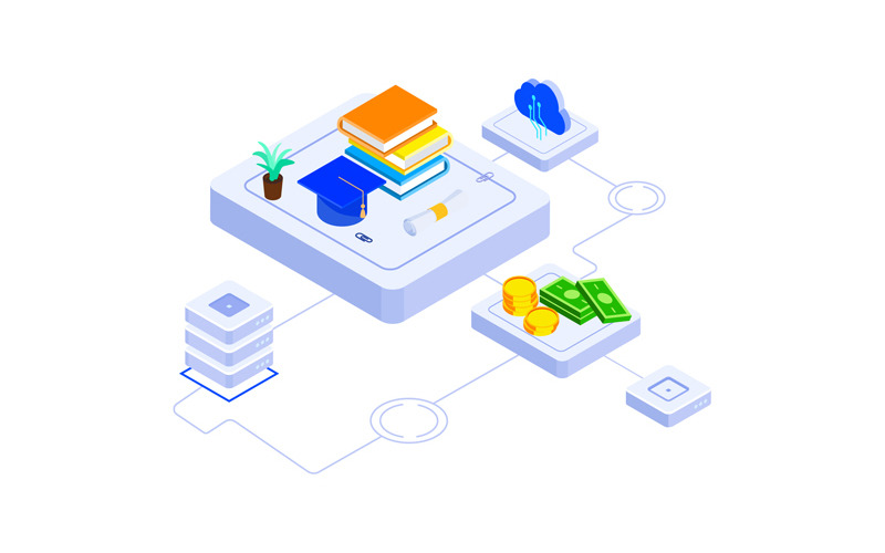 Download Иллюстрация "Fund higher education 1 - Illustration" / Fund higher education 1 - Illustration - Иллюстрация на тему графика isometric illustration blockchain platform finance report chart analysis growth device laptop bussiness strategy people design.