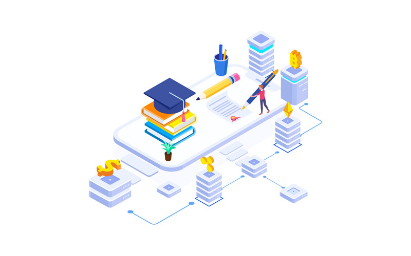 Download Иллюстрация "Fund higher education 2 - Illustration" / Fund higher education 2 - Illustration - Иллюстрация на тему графика isometric illustration blockchain platform finance report chart analysis growth device laptop bussiness strategy people design.