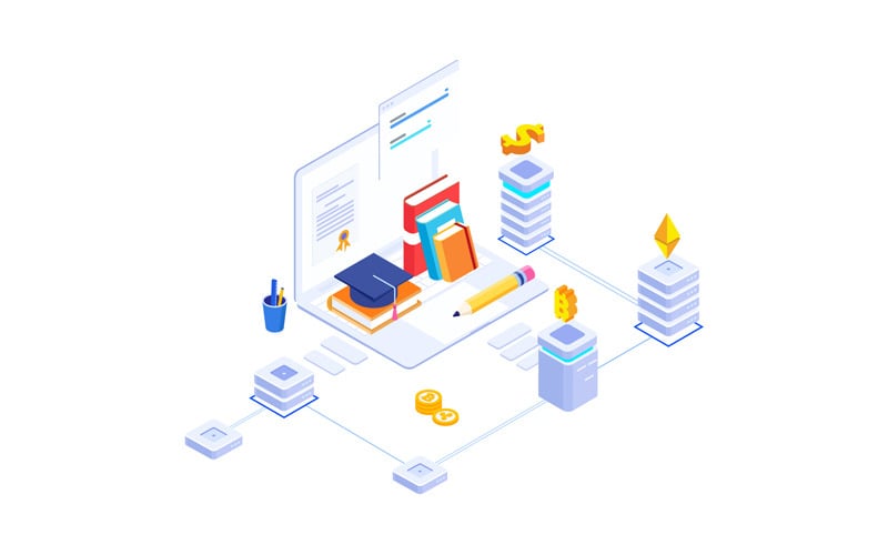 Download Иллюстрация "Fund Higher Education 3 - Illustration" / Fund Higher Education 3 - Illustration - Иллюстрация на тему графика isometric illustration blockchain platform finance report chart analysis growth device laptop bussiness strategy people design.