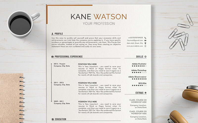 Download Резюме "Kane Resume Template" / Kane Resume Template - Резюме на тему графика layout,a4,resume,clean,cv,cover,creative,curriculum,vitae,design,template,job,modern,professional,simple,student,portfolio,career,templates,cmyk