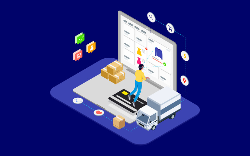 Download Иллюстрация "Shopping Online with VR Isometric 1 - T2 - Illustration" / Shopping Online with VR Isometric 1 - T2 - Illustration - Иллюстрация на тему графика isometric illustration blockchain platform finance report chart analysis growth device laptop bussiness strategy people design.