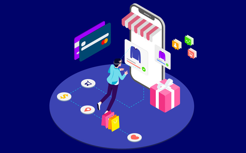 Download Иллюстрация "Shopping Online with VR Isometric 2 - T2 - Illustration" / Shopping Online with VR Isometric 2 - T2 - Illustration - Иллюстрация на тему графика isometric illustration blockchain platform finance report chart analysis growth device laptop bussiness strategy people design.